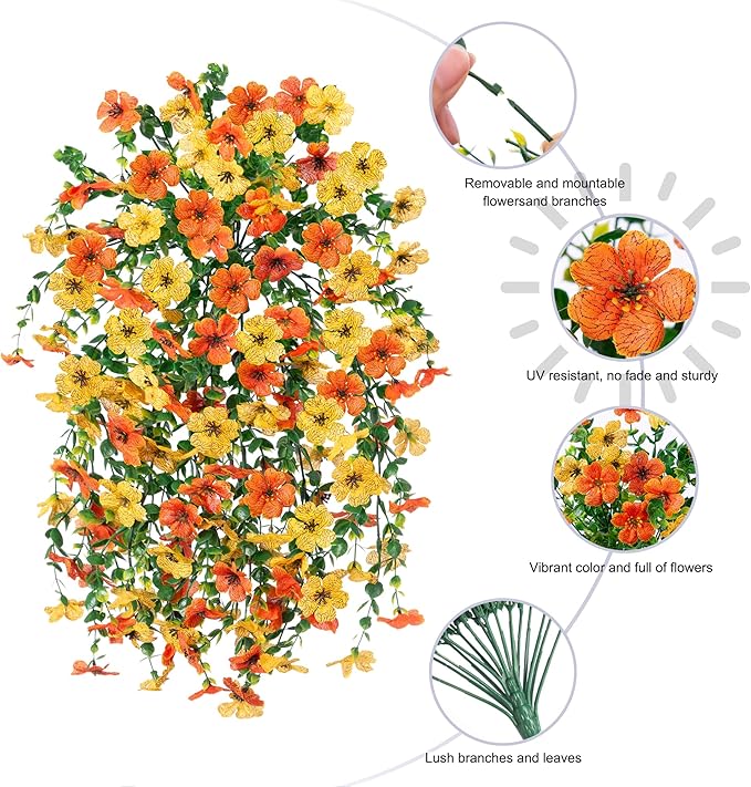 Artificial Flowers for Outdoors Decoration, 2Pcs Fake Hanging Spring Decor, Yellow and Orange Realistic Plants, UV & Fading Resistant Silk Flower for Porch Patio Balcony Planter Yard