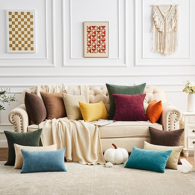 GAWAMAY Lumbar Decorative Throw Pillow Covers 12"x20" Inch Set of 2, Super Soft Chenille Rectangle Pillowcase for Living Room Bedroom Sofa Couch Cushion Support Pillow Cover 30x50cm Brown (No Insert)