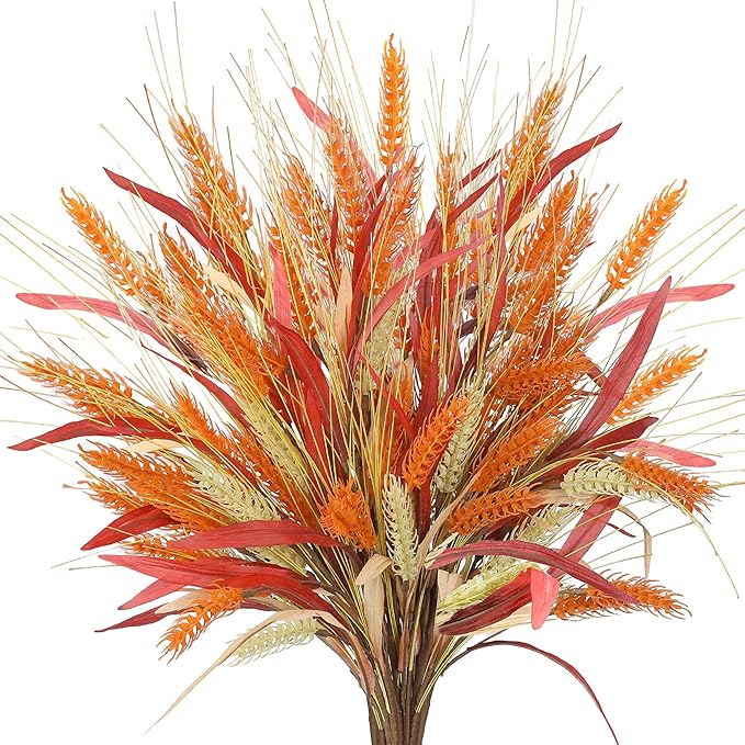 Sggvecsy Artificial Fall Flowers 6 Pcs 17.5 inch Floral Arrangement Fake Floral Stems Autumn Leaves Branches Fall Plastic Bouquets with Grain for Thanksgiving Home Table Centerpieces Wedding Decor