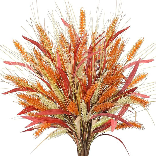 Sggvecsy Artificial Fall Flowers 6 Pcs 17.5 inch Floral Arrangement Fake Floral Stems Autumn Leaves Branches Fall Plastic Bouquets with Grain for Thanksgiving Home Table Centerpieces Wedding Decor