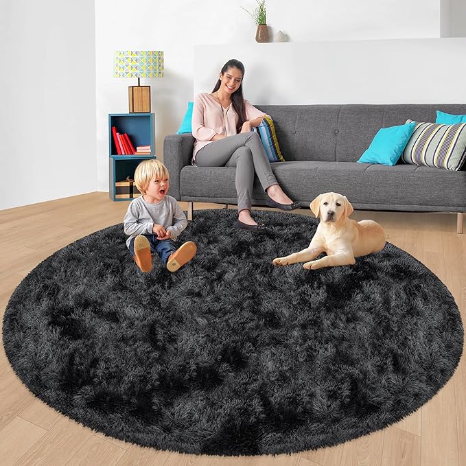 7x7 ft Tie Dye Black Round Rug for Bedroom Room Fluffy Circle Rug Furry Carpet Shaggy Circular Fuzzy Washable Non-Slip Large Area Rug Soft Indoor for Living Room Cute Aesthetic Home Decor