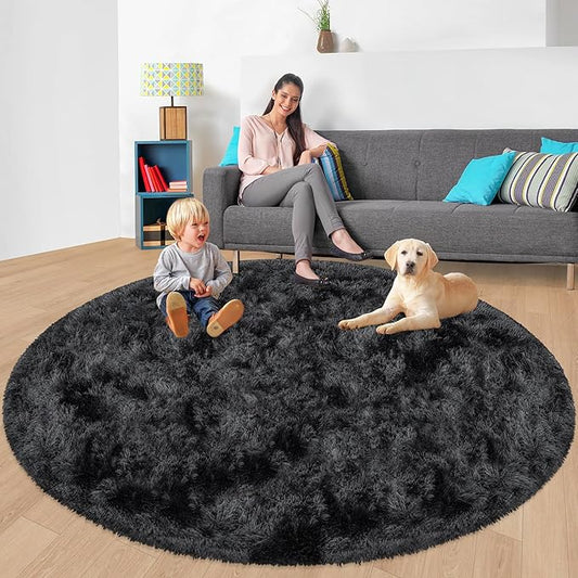 7x7 ft Tie Dye Black Round Rug for Bedroom Room Fluffy Circle Rug Furry Carpet Shaggy Circular Fuzzy Washable Non-Slip Large Area Rug Soft Indoor for Living Room Cute Aesthetic Home Decor