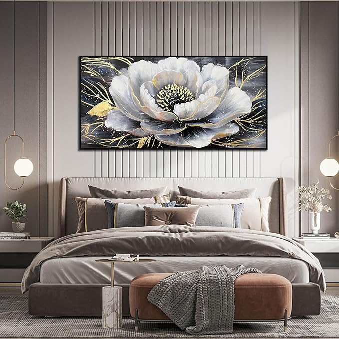 Gold and White Flower Canvas Wall Art for Living Room - Modern Hand Painted Flower Painting - Black Framed Wall Art for Bedroom Size 29" x 59"
