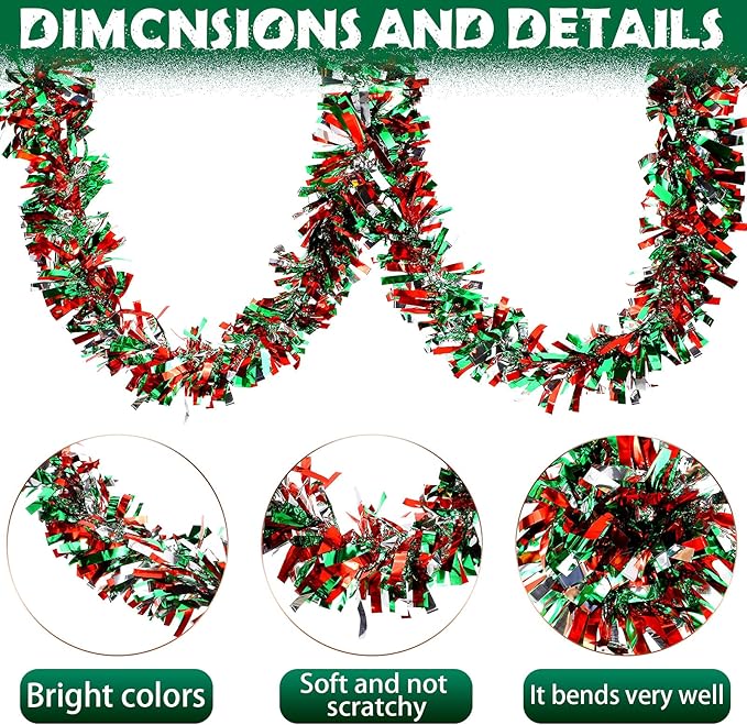 Dingion 59 Feet Christmas Tinsel Garland Metallic Twist Ornaments Hanging Glitter Xmas Garland for Christmas Tree Indoor Outdoor Decoration Party Supplies(Silver, Red, Green)