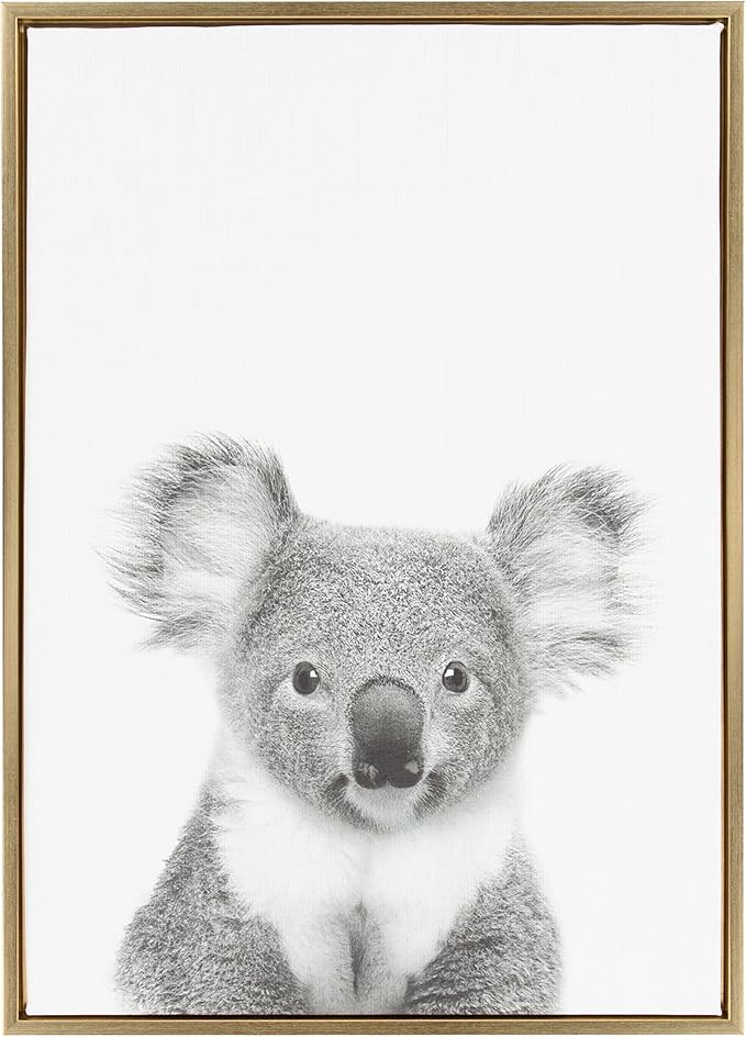 Kate and Laurel Sylvie Koala Animal Print Black and White Portrait Framed Canvas Wall Art by Simon Te Tai, 23x33 Gold