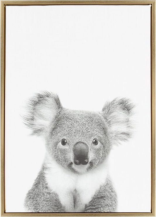 Kate and Laurel Sylvie Koala Animal Print Black and White Portrait Framed Canvas Wall Art by Simon Te Tai, 23x33 Gold