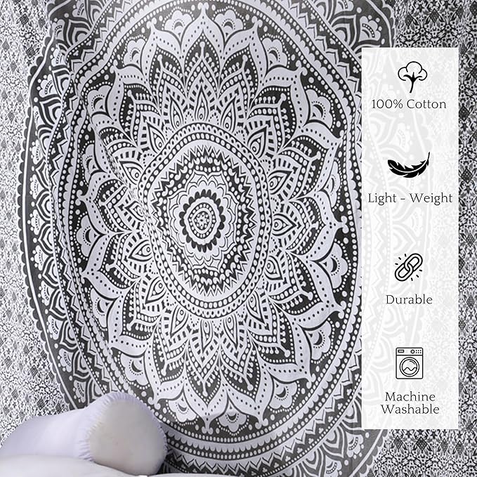 RAJRANG Large Grey Mandala Tapestry Wall Hangings Indian Hippie Tapestries Boho Décor Bedspread Yoga Meditation - 90x108 Inches