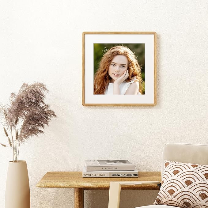 16x16 Picture Frame, Square 16 by 16 Frames for Wall - Solid Oak Wood & Tempered Glass, 16 x 16 Wood Frame Matted to 12 x 12, Square Picture Frame 16"x16" for Home Decor, Natural Oak Color, 1 Pack