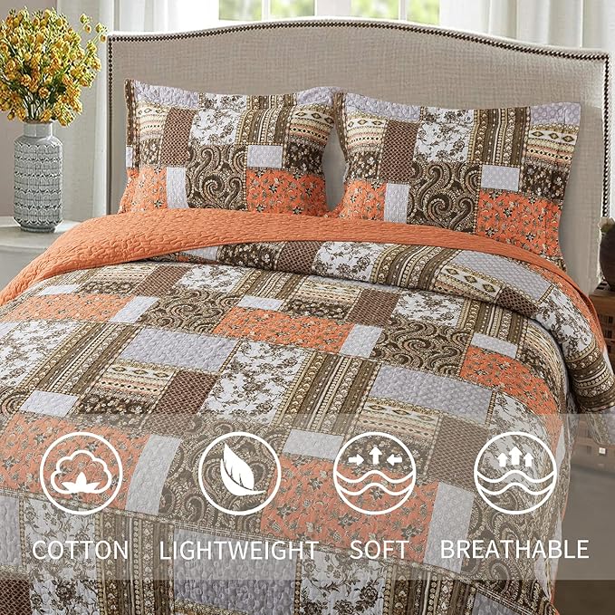 VAPUTAR Quilts King Size - Fall Cotton King Size Quilt Bedding Set, 3 Piece Lightweight Soft King Bedspreads Cotton Boho King Quilt Set, Floral Bedding Set for Farmhouse Bedroom (Dream Orange)