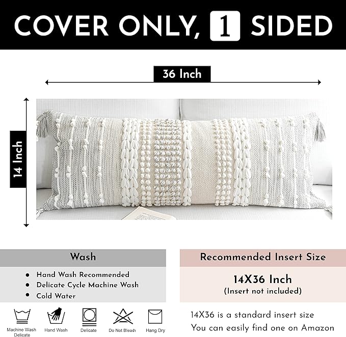 Gray Decorative Lumbar Pillow Cover 14x36, Boho Long Throw Pillow for Bed, Accent Lumbar Throw Pillow Case, Modern Farmhouse Textured Lumbar Cushion (Cover ONLY)