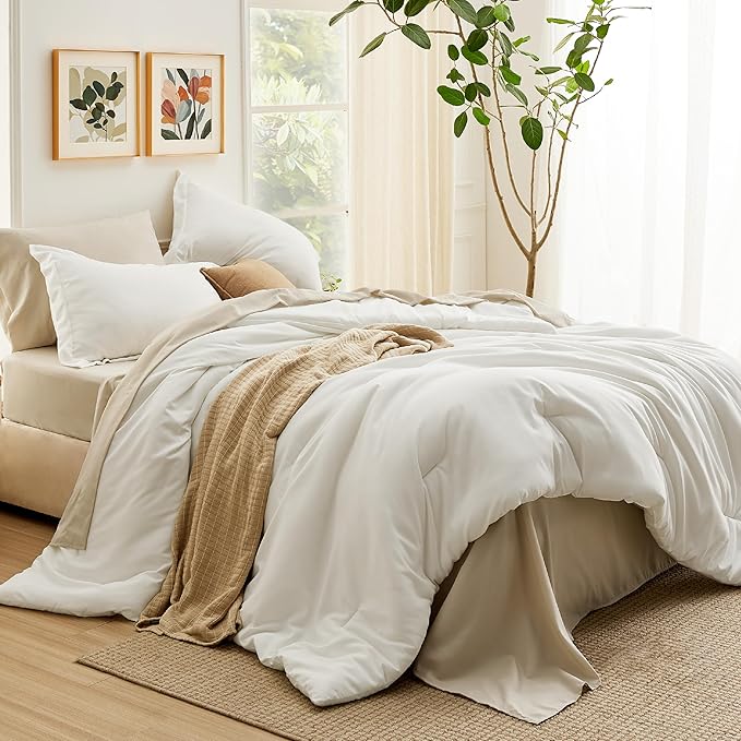 Bedsure Full Comforter Set - 7 Pieces White Full Bedding Set for All Seasons, Boho Contrasting Design Bed in a Bag with Comforter, Sheets, Pillowcases & Shams