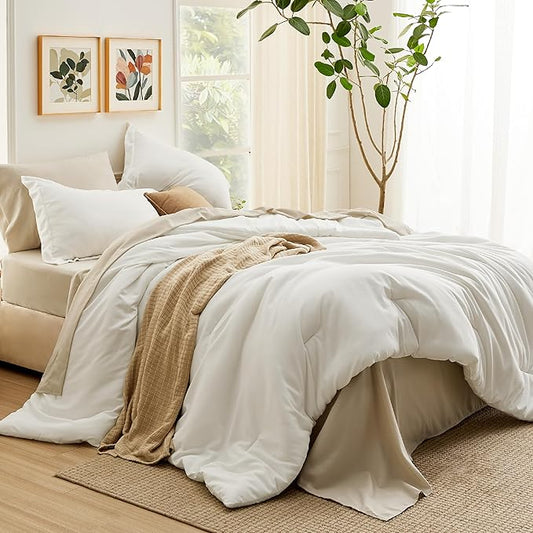 Bedsure Queen Comforter Set - 7 Pieces White Queen Bedding Set for All Seasons, Boho Contrasting Design Bed in a Bag with Comforter, Sheets, Pillowcases & Shams