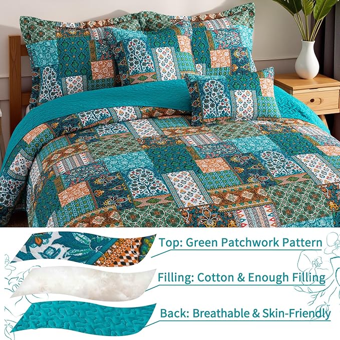 VAPUTAR Cotton King Quilt Size, Floral Patchwork King Bedspread, Lightweight Quilt King Size for All Seasons, Reversible Green Soft Quilt (98 x 106 Inch Quilt + 2 Pillowcases, Pine Green)