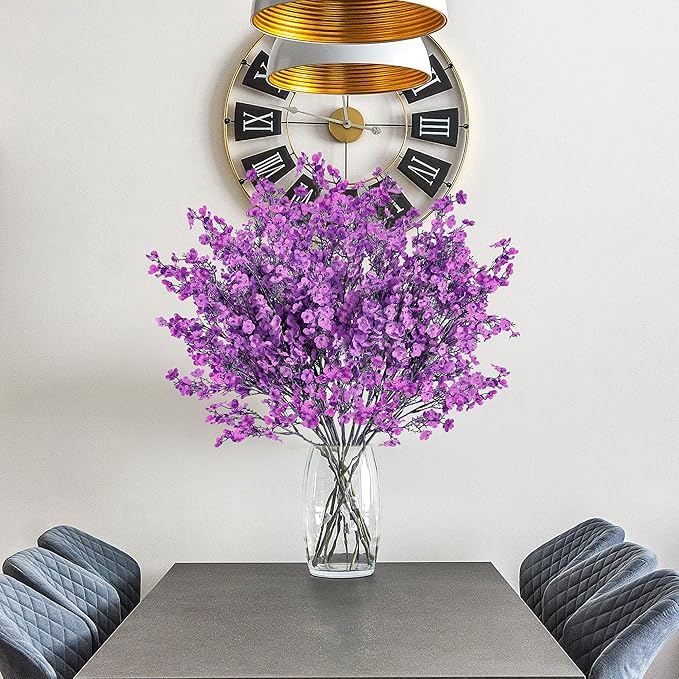 Sggvecsy 15 Pcs Babys Breath Artificial Flowers Gypsophila Bouquets Bulk Real Touch Fake Silk Flowers for Home Wedding DIY Floral Arrangement Kitchen Table Centerpiece Festival Decoration (Purple)