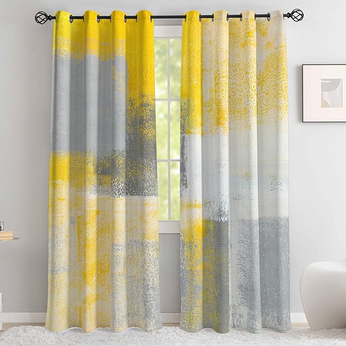 Yellow Window Curtain Yellow Grey Abstract Thermal Insulating Drapes Rust Art Treatment Drapes Modern Curtains for Living Room Bedroom Hotel, 52" x 84", 2 Panels