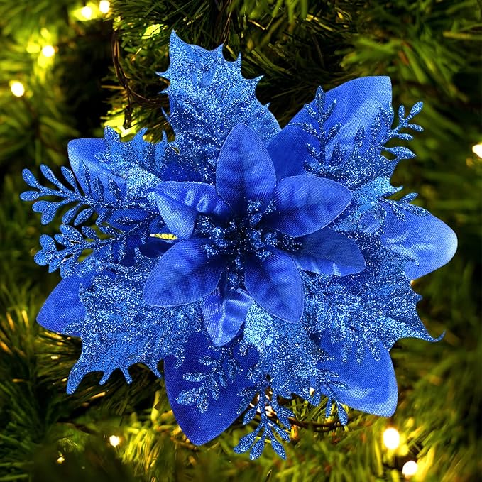 Christmas Poinsettia Artificial Flowers Decorations 5.5" Christmas Tree Wreaths Garland Decoration 12 Pcs Glitter Flowers Picks Decor for Xmas Wedding Party Ornaments (Royal Blue)