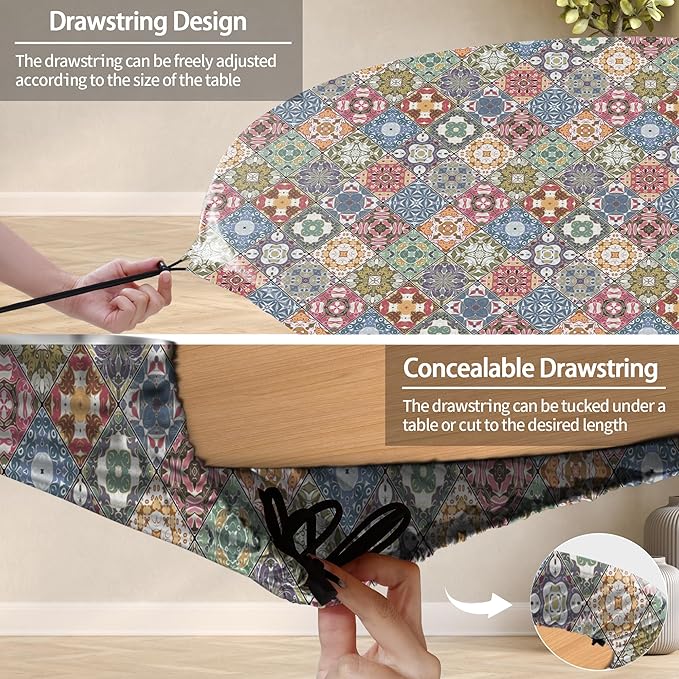 Fitted Round Tablecloth for 45-54" Tables Stain Resistant Vintage Earthy Vinyl Mantel Para Mesa Redonda Kitchen Apartment Organizers Picnic Camping List Women Men Cool Practical Gift Ideas