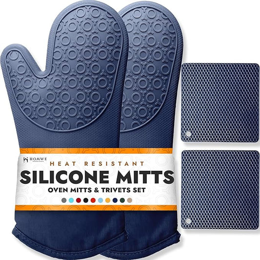 HOMWE Silicone Oven Mitts and Pot Holders, 4-Piece Set, Heavy Duty Cooking Gloves, Kitchen Counter Safe Trivet Mats, Advanced Heat Resistance, Non-Slip Textured Grip (Navy Blue)