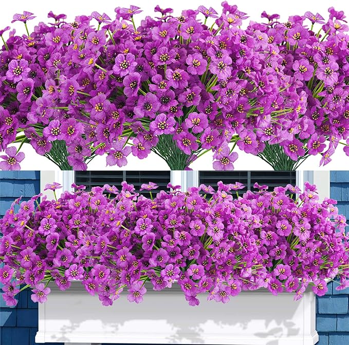 Uieke 72PCS Artificial Flowers for Outdoors UV Resistant Faux Plants Outdoor Fake Flowers for Outside Home Porch Window Box Spring Summer Décor (Purple)