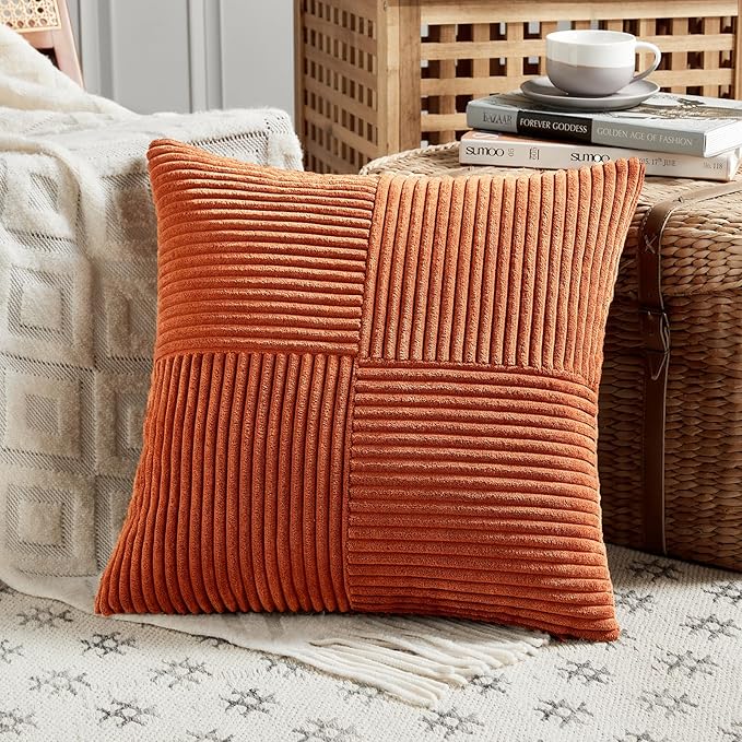 Fancy Homi Set of 4 Burnt Orange Decorative Throw Pillow Covers 18x18 Inch for Living Room Couch Bed, Boho Farmhouse Fall Home Decor, Soft Textured Corduroy Cross Patchwork Cushion Case 45x45 cm