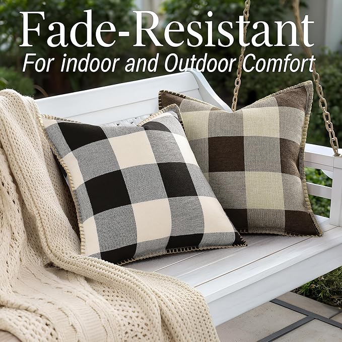 decorUhome Buffalo Plaid Check Throw Pillow Covers 18x18 Set of 2, Outdoor Linen Decorative Farmhouse Gingham Pillow Covers with Stitched Edge for Bed Couch Sofa, Brown and Beige