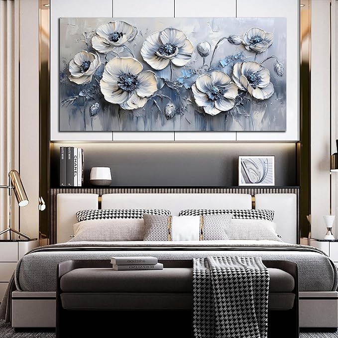 AOZEMI Floral Wall Art Bedroom Floral Picture Art Blue Canvas Wall Decor White Artwork for Living Room Office 29" x 59"