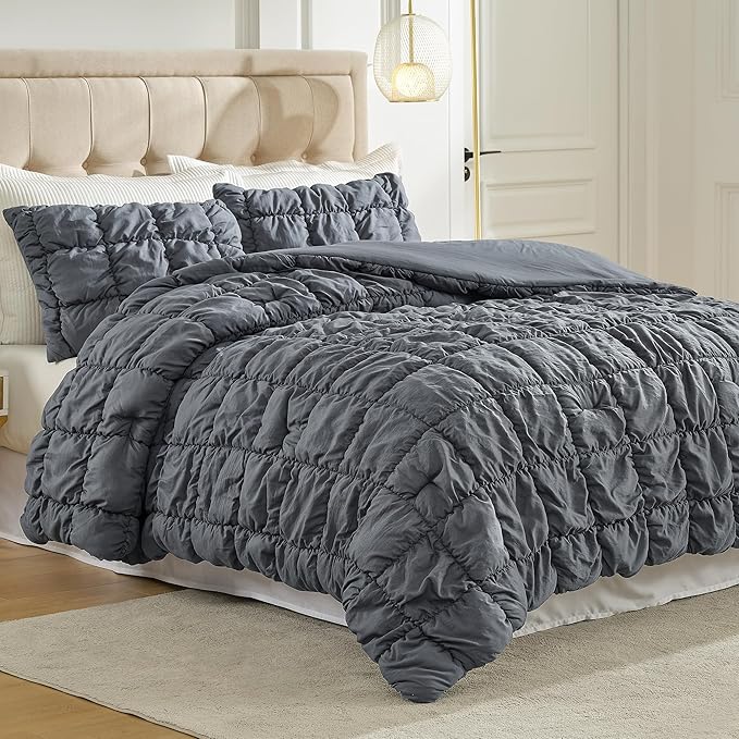 Amelie Home Grey Bubble Comforter Set King Size, 3 Pieces Ultra Soft Cozy Bedding Set for All Seasons, Farmhouse Luxury Gift for Women Home Decor, 106 x 90 inches