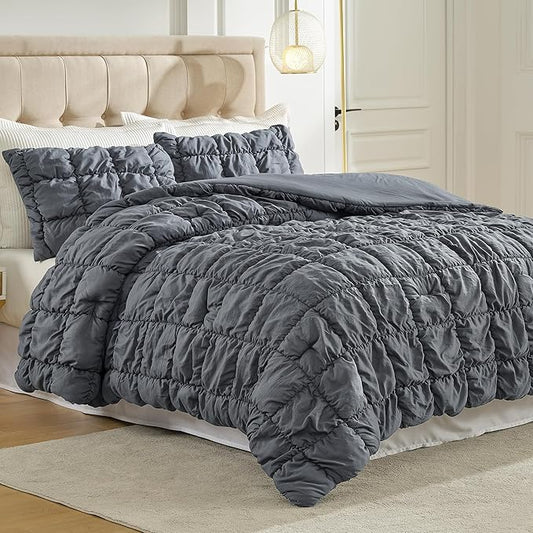 Amelie Home Grey Bubble Comforter Set King Size, 3 Pieces Ultra Soft Cozy Bedding Set for All Seasons, Farmhouse Luxury Gift for Women Home Decor, 106 x 90 inches
