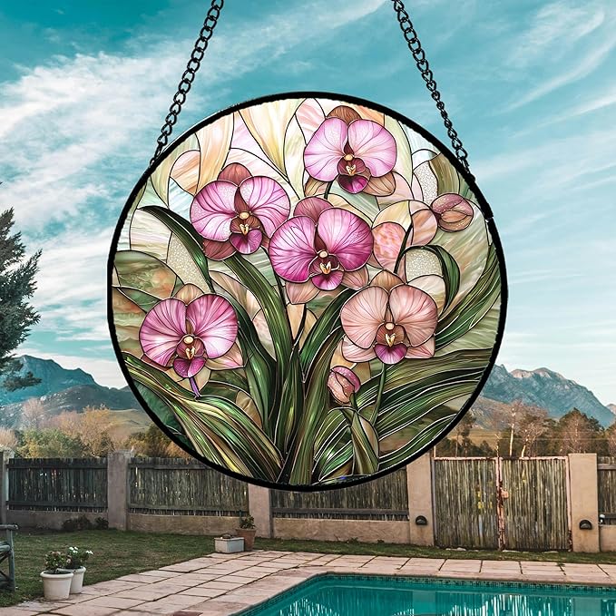 Stained Glass Window Hanging - Pink Phalaenopsis Orchid Green Leaves Sun Catcher for Door Home Decor Flower Suncatcher Christmas Mother's Day Birthday Gifts for Women Men Mom Nana 15 in