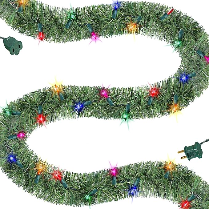 Biswing 15 FT Pre-lit Christmas Green Garland, Lighted Artificial Pine Garlands with 35 Count Multicolor Lights, Connectable & Light Up for Indoor Outdoor Gate Home Winter Holiday New Year Decor