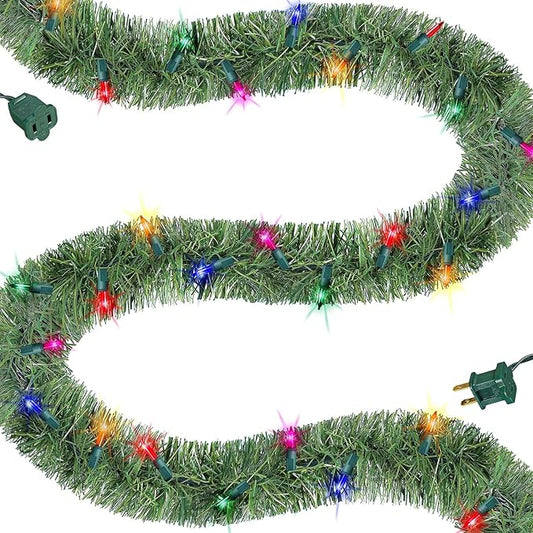 Biswing 15 FT Pre-lit Christmas Green Garland, Lighted Artificial Pine Garlands with 35 Count Multicolor Lights, Connectable & Light Up for Indoor Outdoor Gate Home Winter Holiday New Year Decor