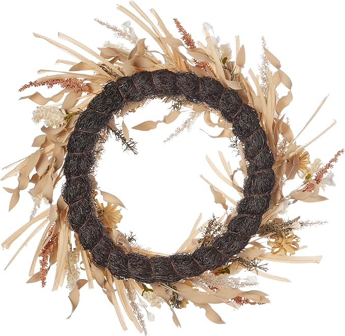 26 inch Golden Wild Flower Wreath, Artificial Flax Grass, Mini Mums, Wild Delphinium, & Millet, Neutral Color, Indoor Fall Home Decor, Front Door Display - by Seasonal LLC