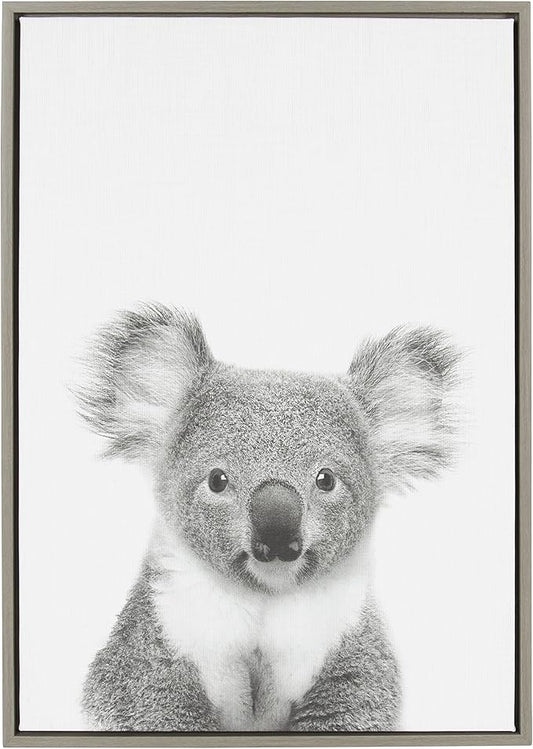 Kate and Laurel Sylvie Koala Animal Print Black and White Portrait Framed Canvas Wall Art by Simon Te Tai, 23x33 Gray