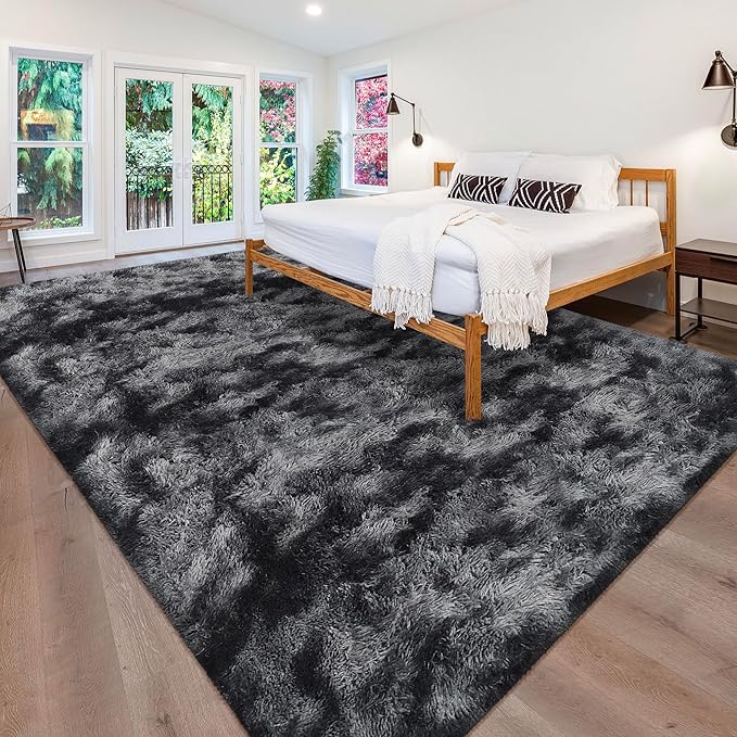 Black Grey Tie-Dyed Rug for Living Room 8x10 Fluffy Area Rug Mat Bedside Throw Rug for Bedroom Kids Room Boys Teens Nursery Baby Dorm Office Home Decor Aesthetic Carpets