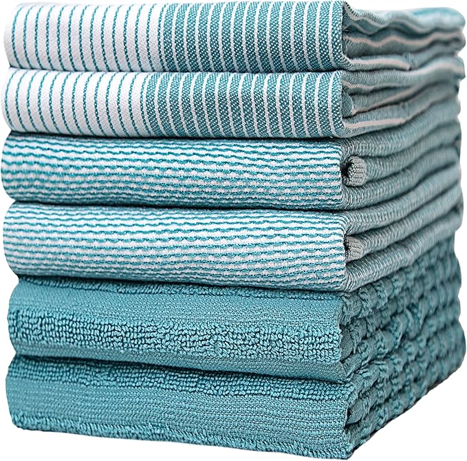 Premium Kitchen Towels (20”x 28”, 6 Pack) | Large Cotton Hand Dish Flat & Terry Towel Highly Absorbent Tea Set with Hanging Loop Aqua