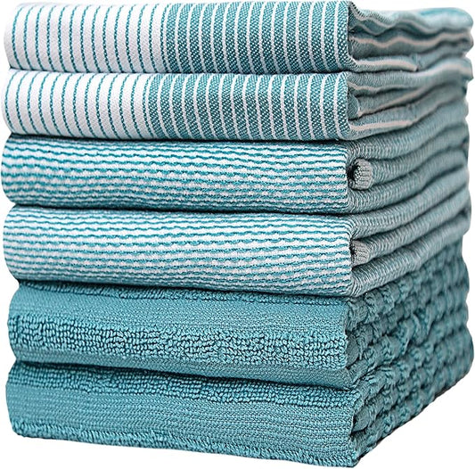 Premium Kitchen Towels (20”x 28”, 6 Pack) | Large Cotton Hand Dish Flat & Terry Towel Highly Absorbent Tea Set with Hanging Loop Aqua