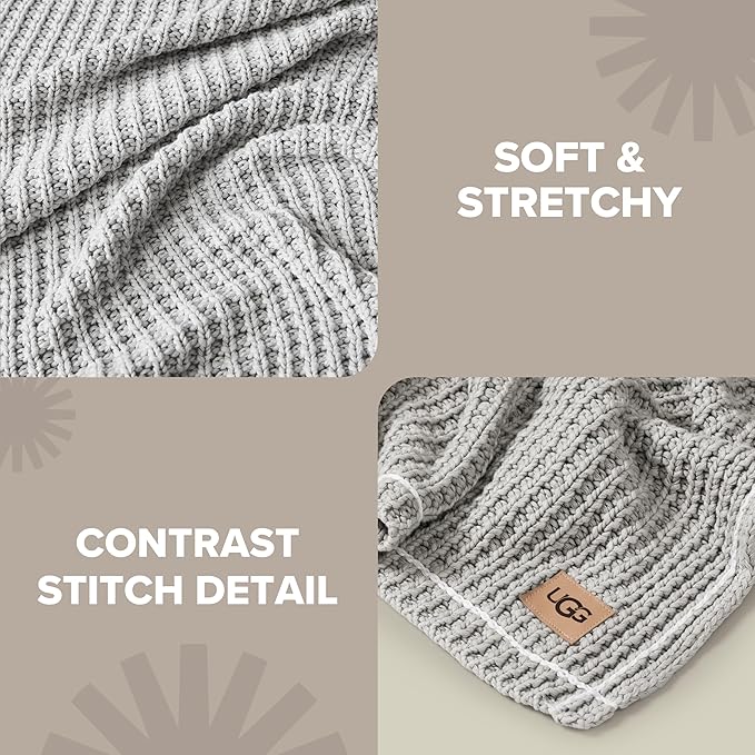 UGG Luna Knit Throw Cotton Chunky Soft Throw Blanket for Couch or Bed Cozy Washable Giftable Lightweight Blanket for Living Room or College Dorm, 50-inch x 70-inch, Stone Grey