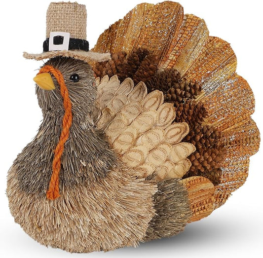 winemana Thanksgiving Turkey Decor – 7.9" Tall Sisal Turkeys Table Centerpiece with Top Hat, Fall & Harvest Home Decor, Thanksgiving Decorations Indoor