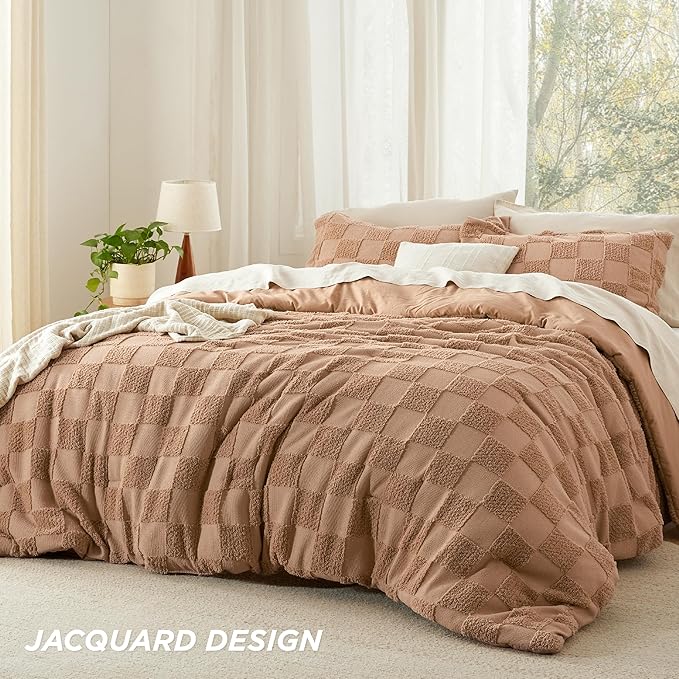 Bedsure King Size Comforter Set Taupe, Boho Tufted Bed Set, Checkered Farmhouse Shabby Chic Bedding, 3 Pieces, 1 Plaid Geometric Comforter and 2 Pillow Shams
