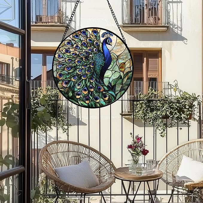 Stained Glass Window Hanging, Blue Green Peacock Decor Suncatcher for Door Garden Home Decoration Bird Sun Catchers Christmas Mother's Day Birthday Gifts for Women Men Mom Nana Friend 7.8 in