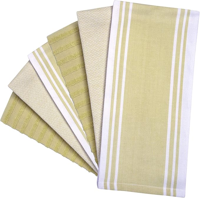 Premium Kitchen Towels (20”x 28”, 6 Pack) | Large Kitchen Hand Towels | Kitchen Towels Cotton | Flat & Terry Towel | Highly Absorbent Tea Towels Set with Hanging Loop | Wide Stripe Sage Green
