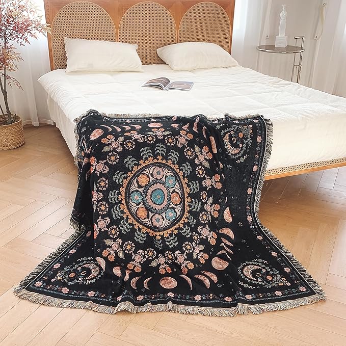 Boho Throw Blanket Reversible Cotton Bohemian Tapestry Hippie Room Decor Double Sided (Lunar Eclipse Black 50"x60")