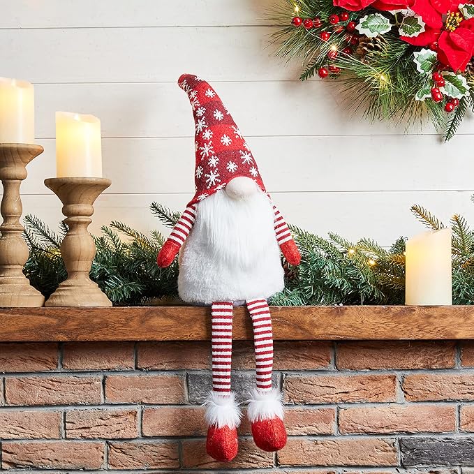 Glitzhome 28" H Fabric Gnome Christmas Decorations with Dangling Legs & Knitted Hat, Plush Gnome Elf Ornaments for Tabletop Party Holiday Decor