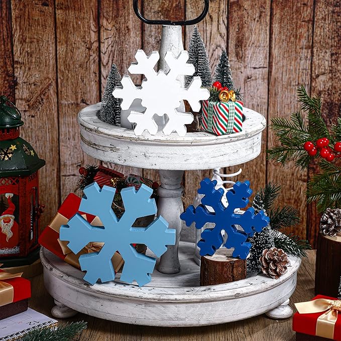 Bucherry 3 Pcs Winter Wooden Snowflake Decor Rustic Winter Snowflake Table Signs Wonderland Wood Blocks Farmhouse Christmas Tiered Tray Decorations for Xmas Table Shelf(Assorted Colors)