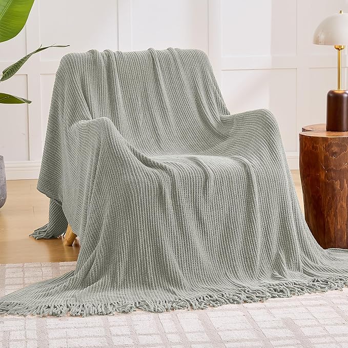 inhand Knitted Throw Blanket for Couch Bed,Chunky Chenille Woven Soft Blankets with Tassels, Cozy Boho Farmhouse Fall Winter Decor,Warm for Women,60"x80",Extra Thick-Light Grey