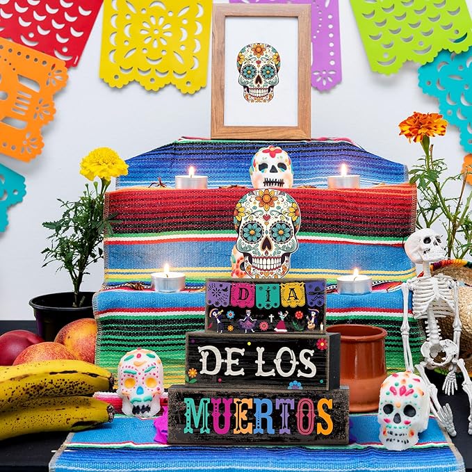 4 Pcs Day of The Dead Table Decorations Day of The Dead Centerpiece for Table Dia De Los Muertos Tiered Tray Decor Wood Sugar Skull Block Signs for Halloween Party Home Shelf Decoration