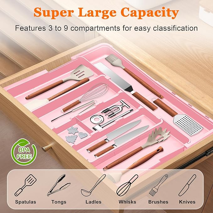 Large Utensil Drawer Organizer Expandable Silverware Organizer for Kitchen Drawer Adjustable Cooking Utensil Holder Cutlery Flatware Tray Spatula Tools Gadgets Storage Dividers Plastic Pink
