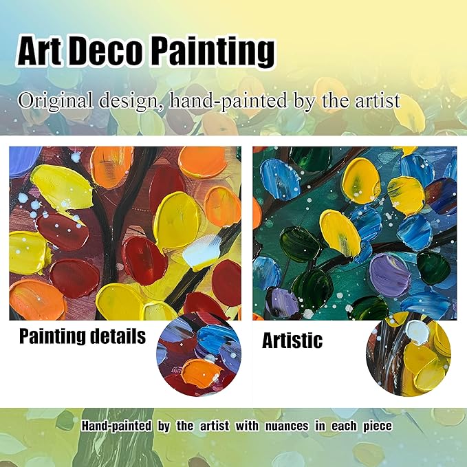 Tree Painting Large Wall Decor for Living Room - Colorful Hand Painted Wall Art for Bedroom - Black Framed Canvas Wall Art Size 29" x 59"