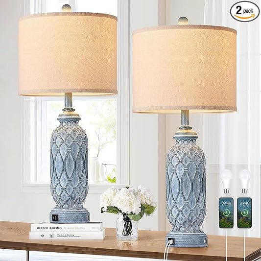 Farmhouse Lamps for Bedroom Set of 2, 28" Rustic Lamps for Living Room with USB Ports, 3-Way Dimmable Nightstand Table Lamp (Bulbs Included)