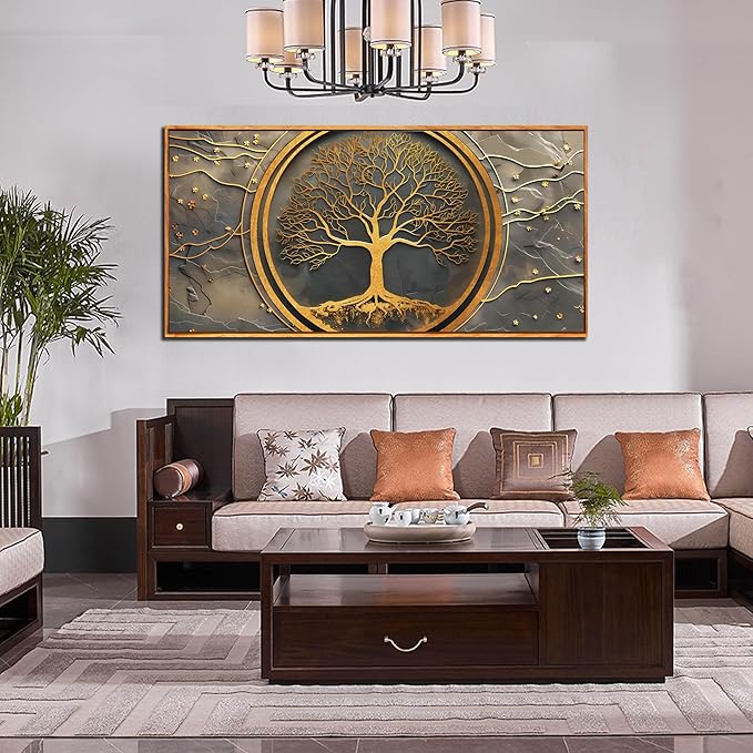 Tree Pictures Wall Art for Living Room - Gold Modern Wall Decor Office - Wooden Framed Wall Art Size 29" x 59"